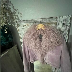 bebe Dusty Rose Suede Jacket with Plush Shearling Collar w 100% real sheep fur S